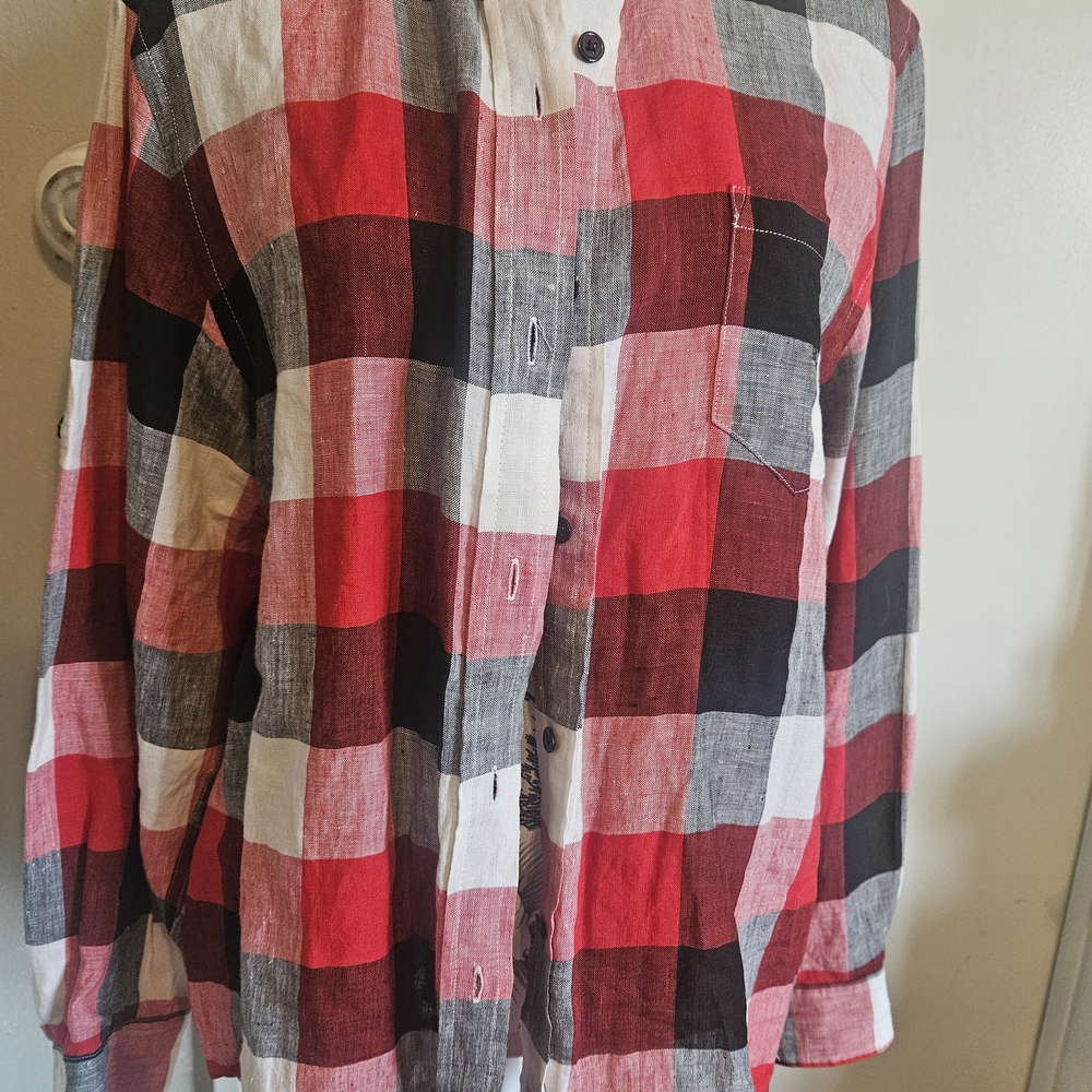 Ralph Lauren Red and Black Plaid Linen Button Down Shirt